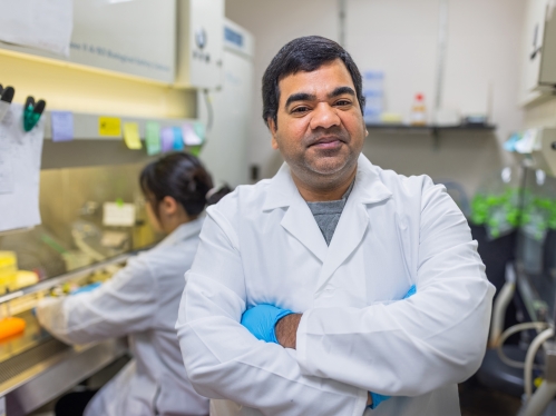 Postdoc Satvik Mareedu stands in a lab at NJMS while another researcher works at a hood in the background