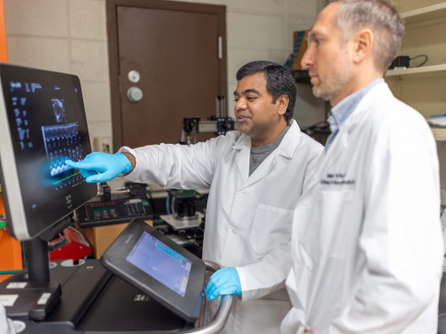 Two researchers look at an EKG screen in a lab