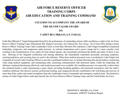 A citation detailing why Bea Mikayla Faigal received the Silver Valor Award.